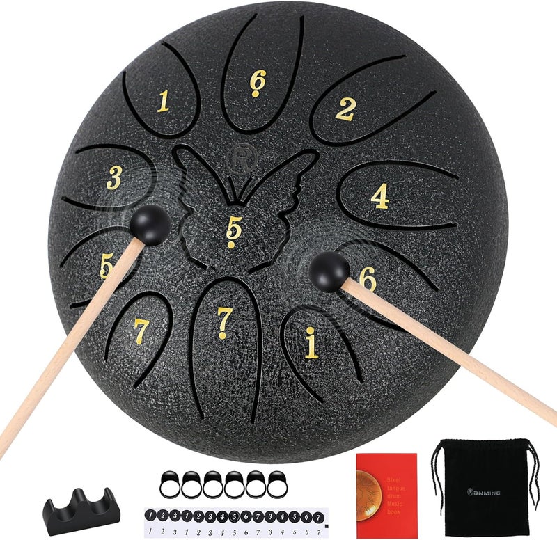 RANMING 6 Inch Steel Tongue Drum 11Note C Key Tongue Drum Kids & Adult Handpan with Gig Bag Music Book Mallets Finger Loops Mallets Stand Highlight Stickers for Meditation,Yoga & Camping Black - Image 1
